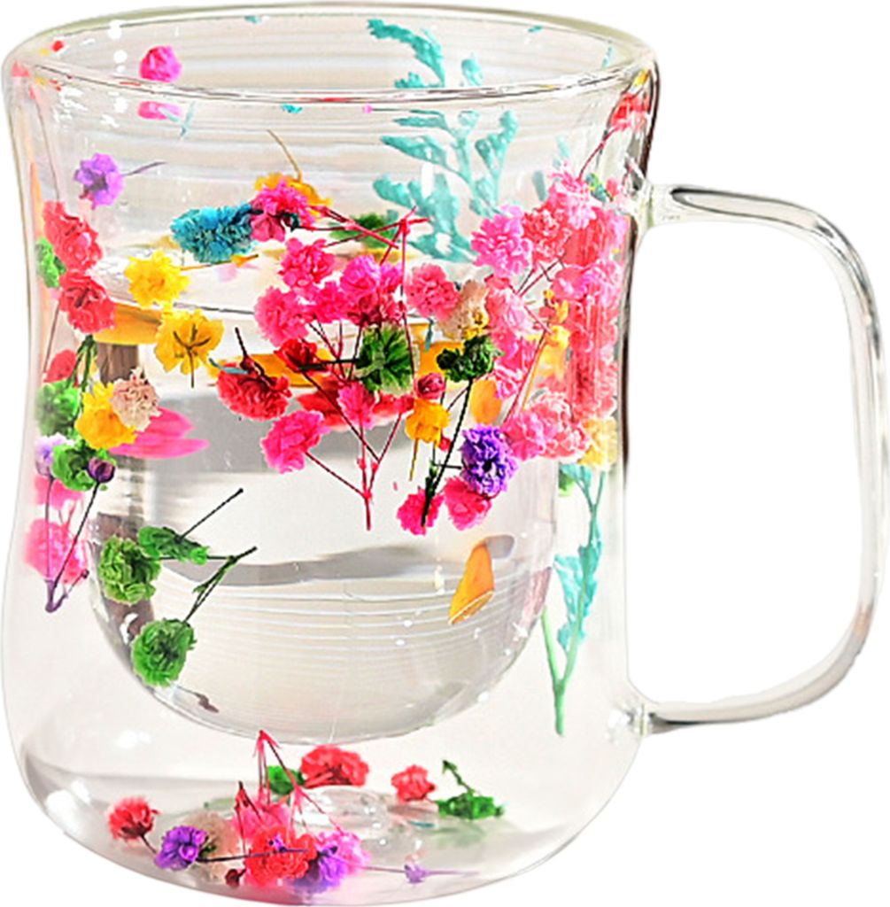 220/300 ml doppelwandige Glasbecher mit isoliertem Griff, Kaffeebecher aus klarem Glas, hitzebeständig, Trinkbecher mit Blumenmuster für Tee