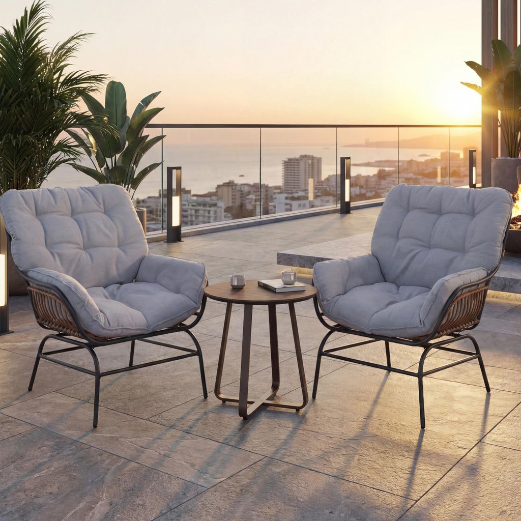 2er-Set Gartenstuhl HWC-P75, Gartensessel Loungesessel, Stoff 220g/m² Poly-Rattan Metall dunkelgrau, Polster hellgrau
