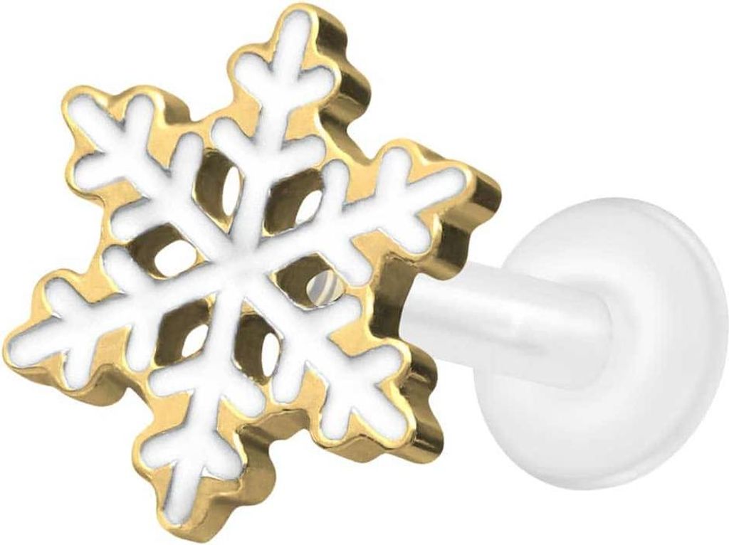 Ohrpiercing, Nasenpiercing PTFE Labret mit Innengewinde + Titan-Aufsatz SCHNEEFLOCKE Gold Stablänge: 10mm | Stabstärke: 1,6mm