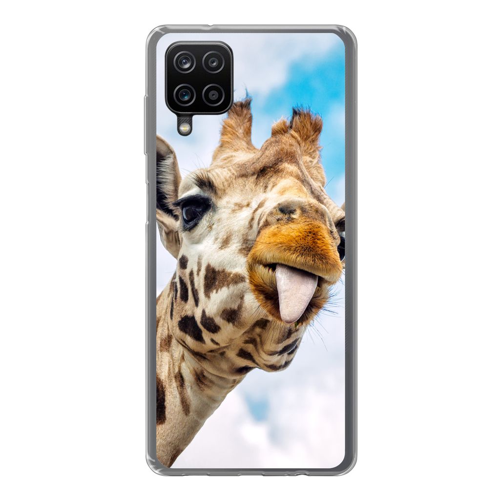 MuchoWow Handyhülle Schutzhülle Hülle für Samsung Galaxy A12 Giraffe - Lustig - Zunge - Kinder - Jungen - Mädchen - Kind Silikon Softcase Ha...