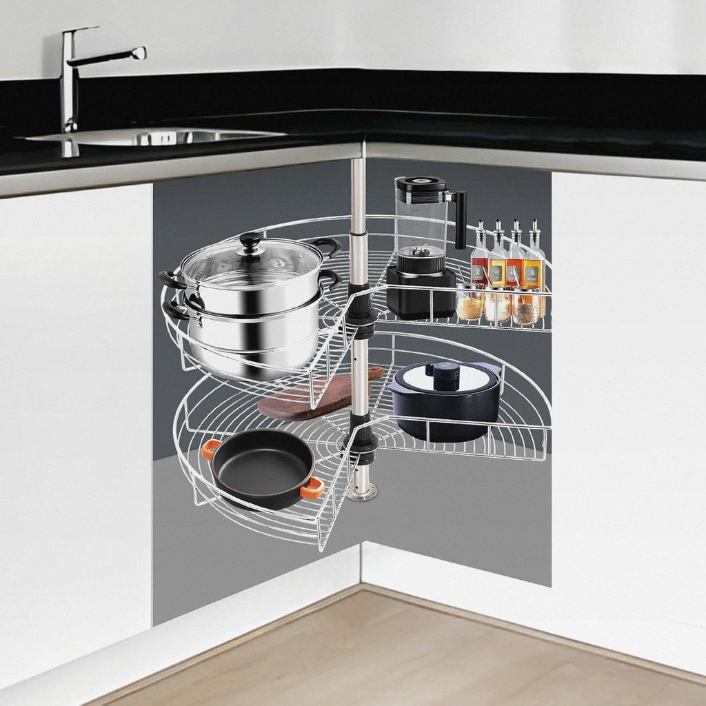 Kücheneckschrank Drehkorb 270° Drehboden Küchenschrank Höhenverstellbares Küchenschrank Zubehör Eisen doppellagige Korb Küchen Organizer Silber