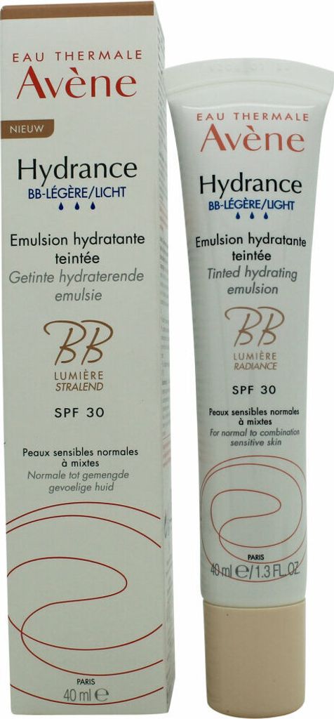 A product shot of an Avene Hydrance BB tinted hydrating emulsion tube and its packaging.
