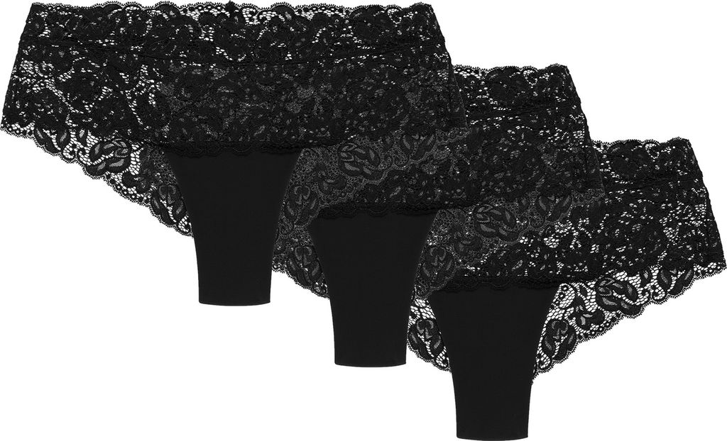 Wolbar Damen Shorts 3er Pack Spitze Pantys Slips Boxershorts Hipster Unterwäsche WB413, schwarz, XL