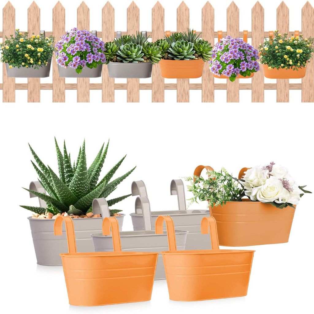 Set mit 6 hängenden Metallblumentöpfen mit Haken, Pflanzgefäßen, Blumenkästen für Balkon, Garten, Terrasse und als Dekoration für Zuhause.