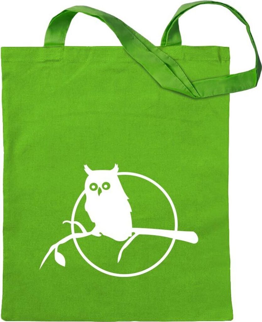 Kiwistar - Baumwolltasche - hellgrün - Eule auf einem AST - Owl Branch - Tragetasche Stoffbeutel Umhängetasche Langer Henkel