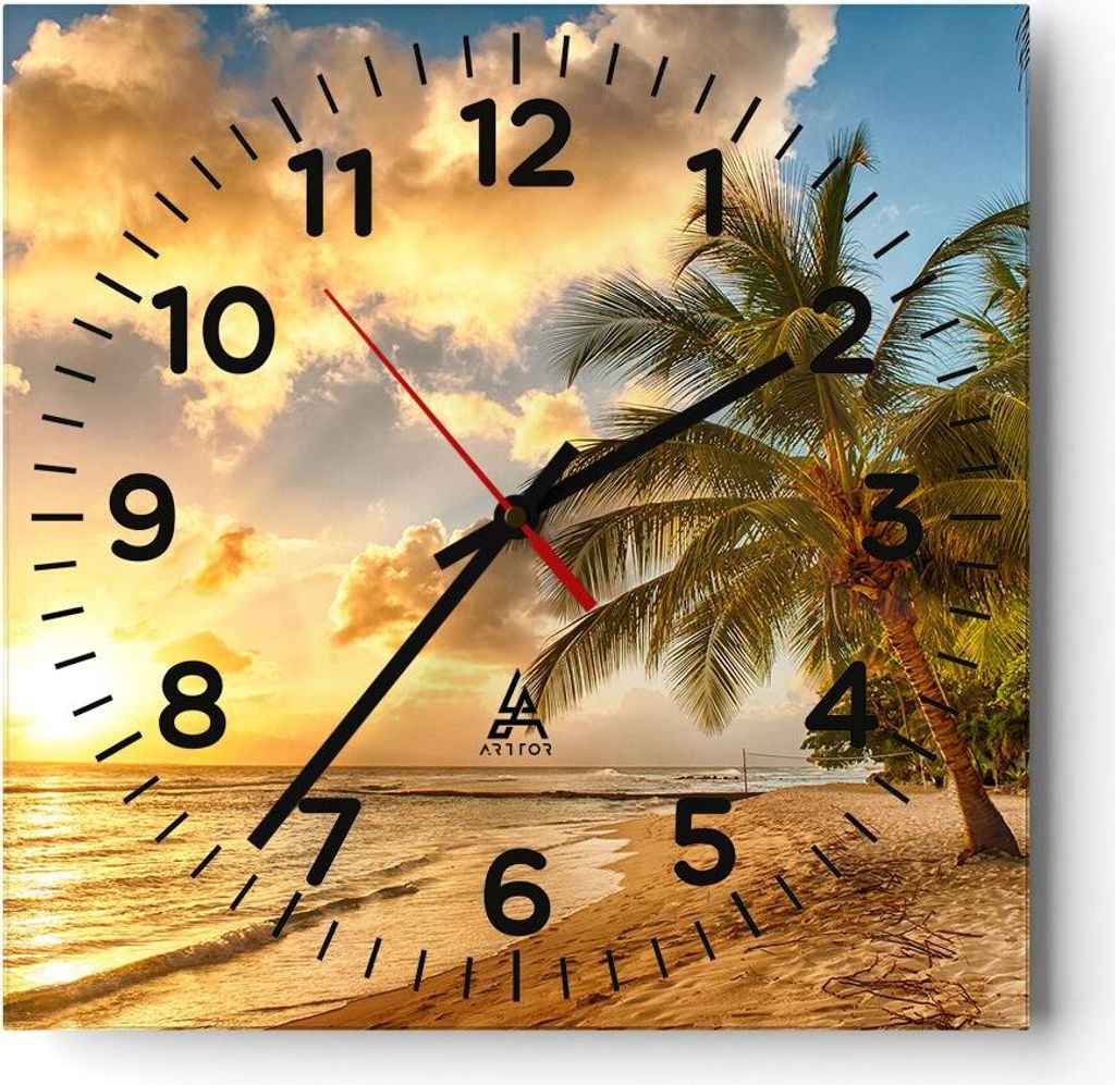 Wanduhr - Quadrat - Glasuhr - Strand Meer Palme - 30x30cm - Schleichendes Uhrwerk - Lautlos - zum Aufhängen bereit - Dekoration Modern - Wanddekor...