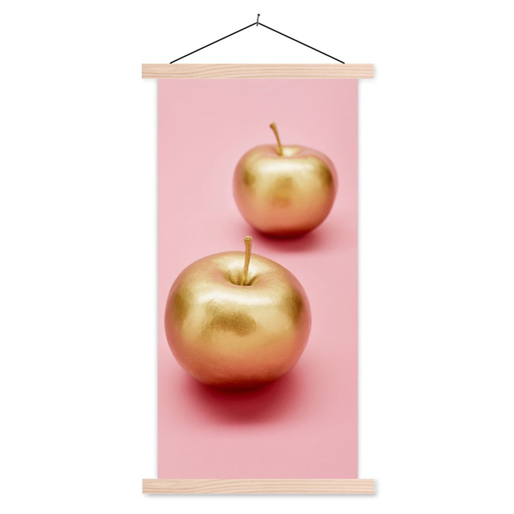 MuchoWow Textilposter Apfel - Gold - Stilleben 60x120 cm mit holzfarbenen Rahmen - Holz
