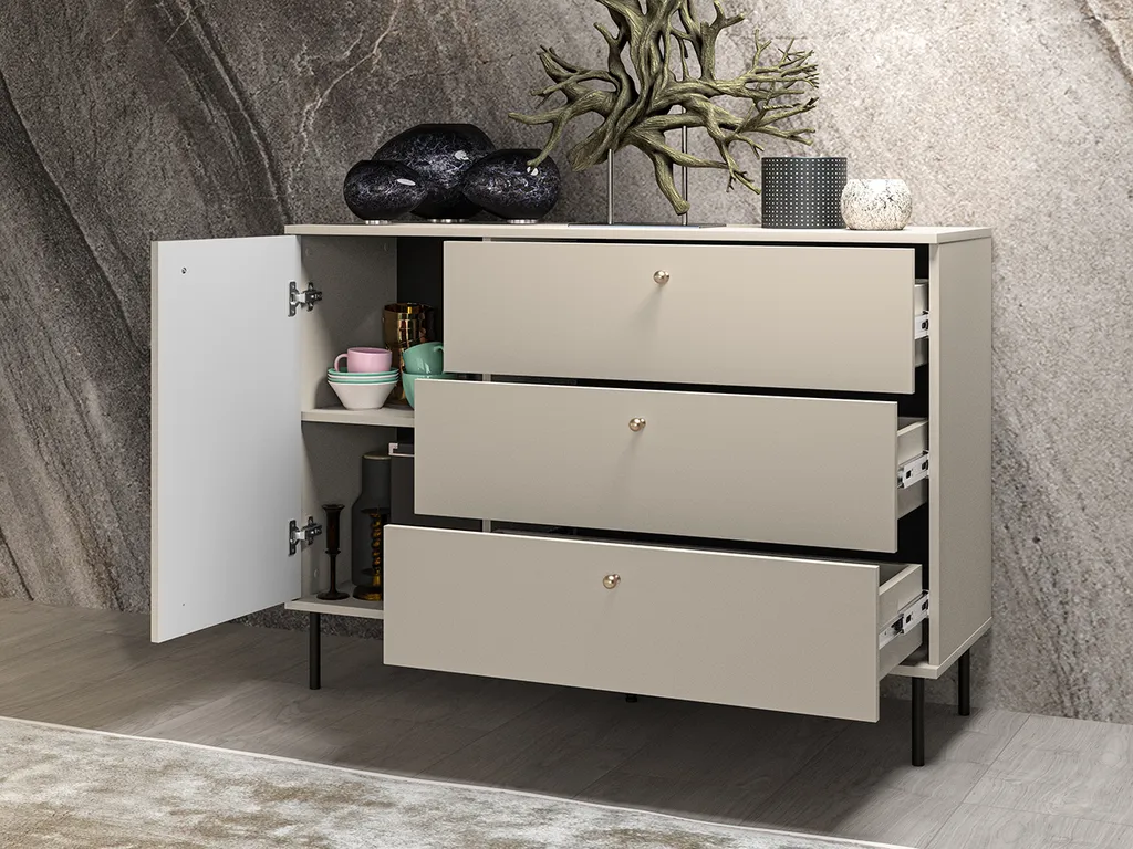 Commode design FAREL cachemire avec tiroirs soft-close et pieds métal