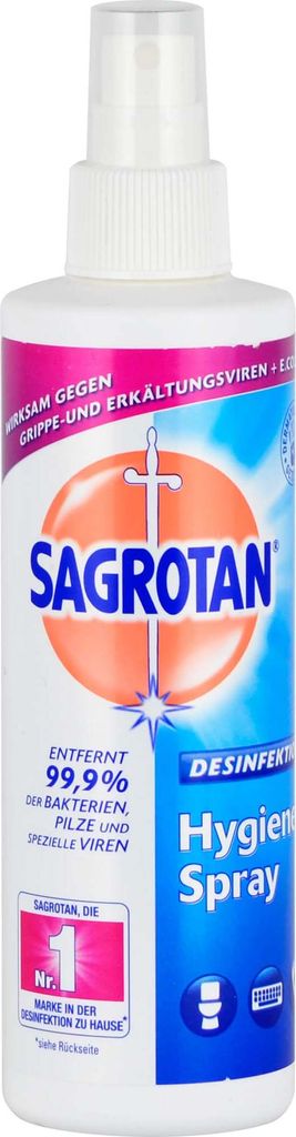 A bottle of Sagrotan Hygiene Spray against cold and flu viruses.