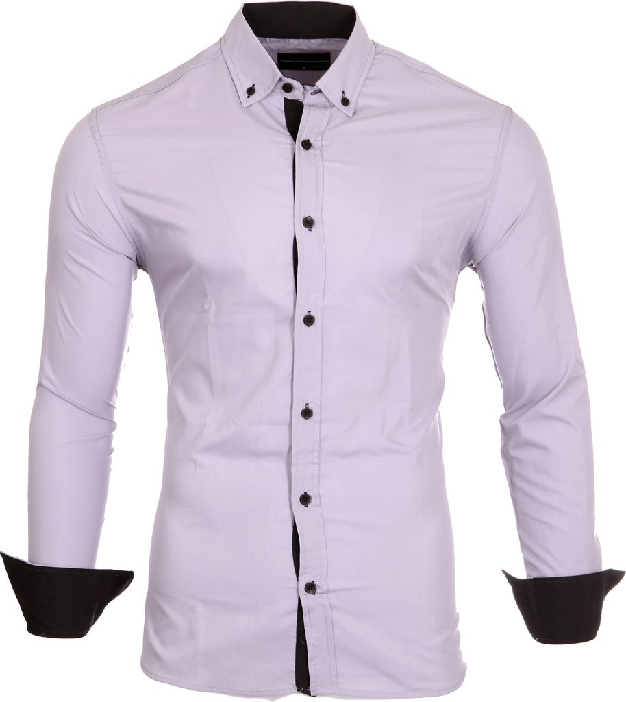 Reslad Herren Hemd Kontrast Look Button-Down-Kragen Langarmhemd RS-7055 Grau-Schwarz 3XL