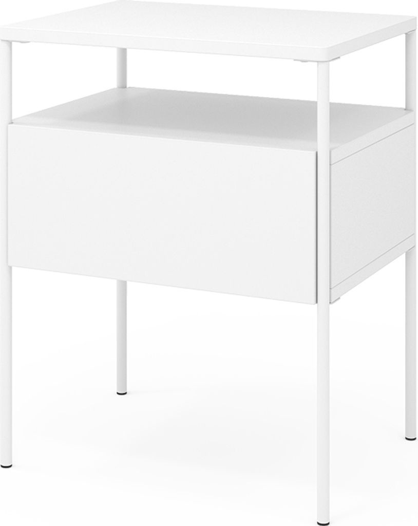 A white nightstand with a drawer and an open shelf, shown from the front.