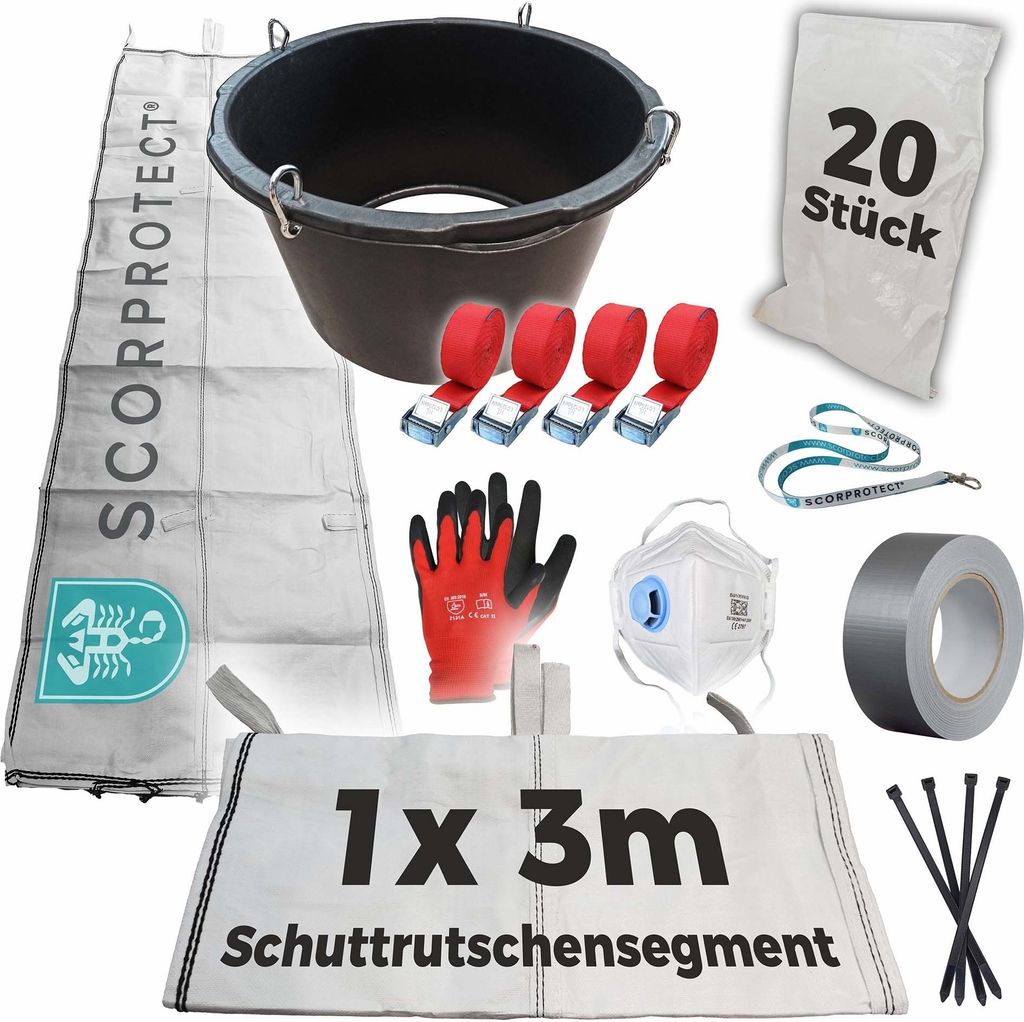 Schuttrutsche Bauschuttrutsche 3 m flexibel mit Einfülltrichter, 20x Flachsäcke und Zubehör