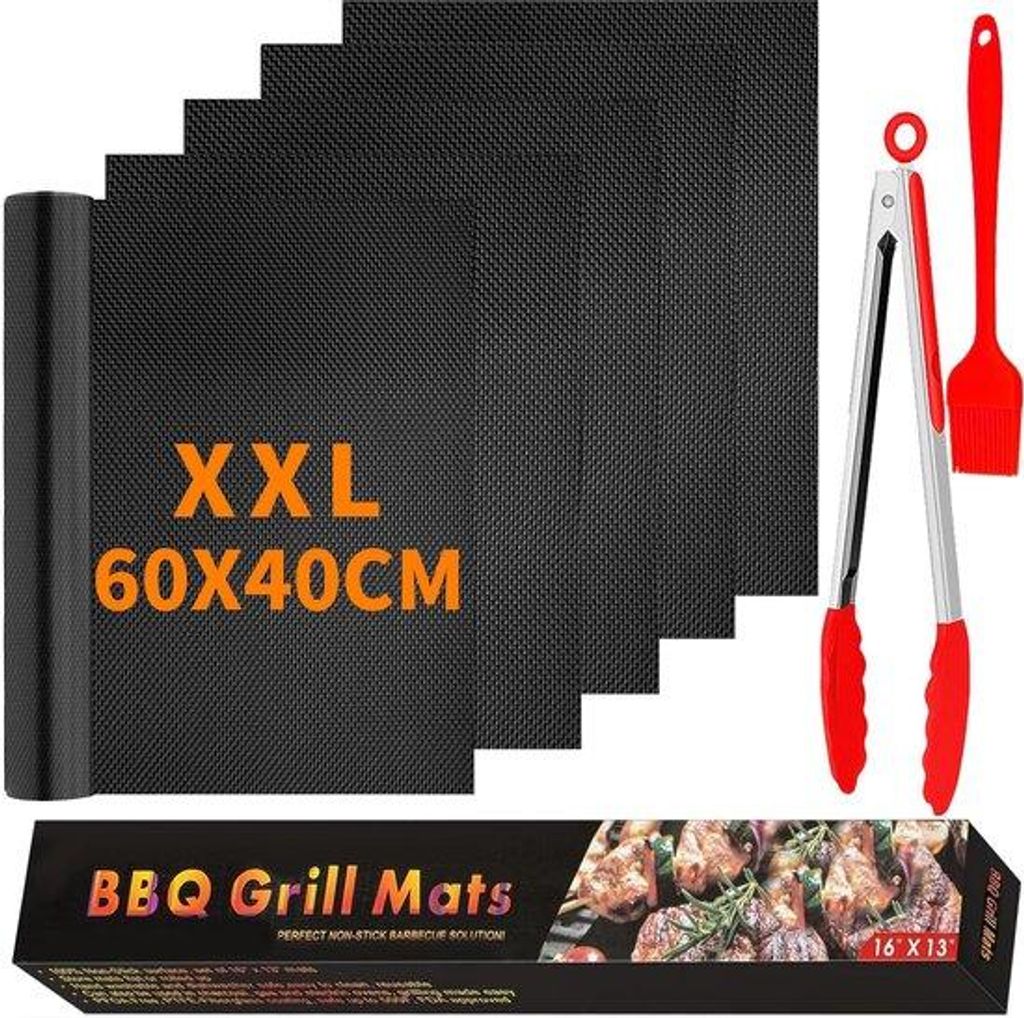 Unyqoos ️ BBQ Grillmat für Gasgrill - 5-teiliges Set - 60 x 40 cm - Wiederverwendbare Grillmatten mit Grillzange/Grillbürste - Grillzubehör f...
