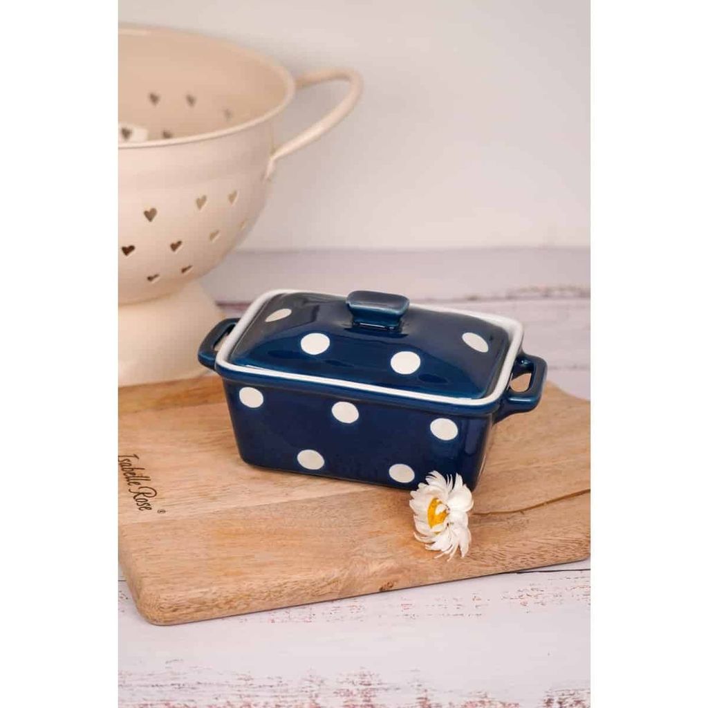 Isabelle Rose Butterdose aus Keramik mit weißen Punkten 16,5 ×10 x 8 cm blau