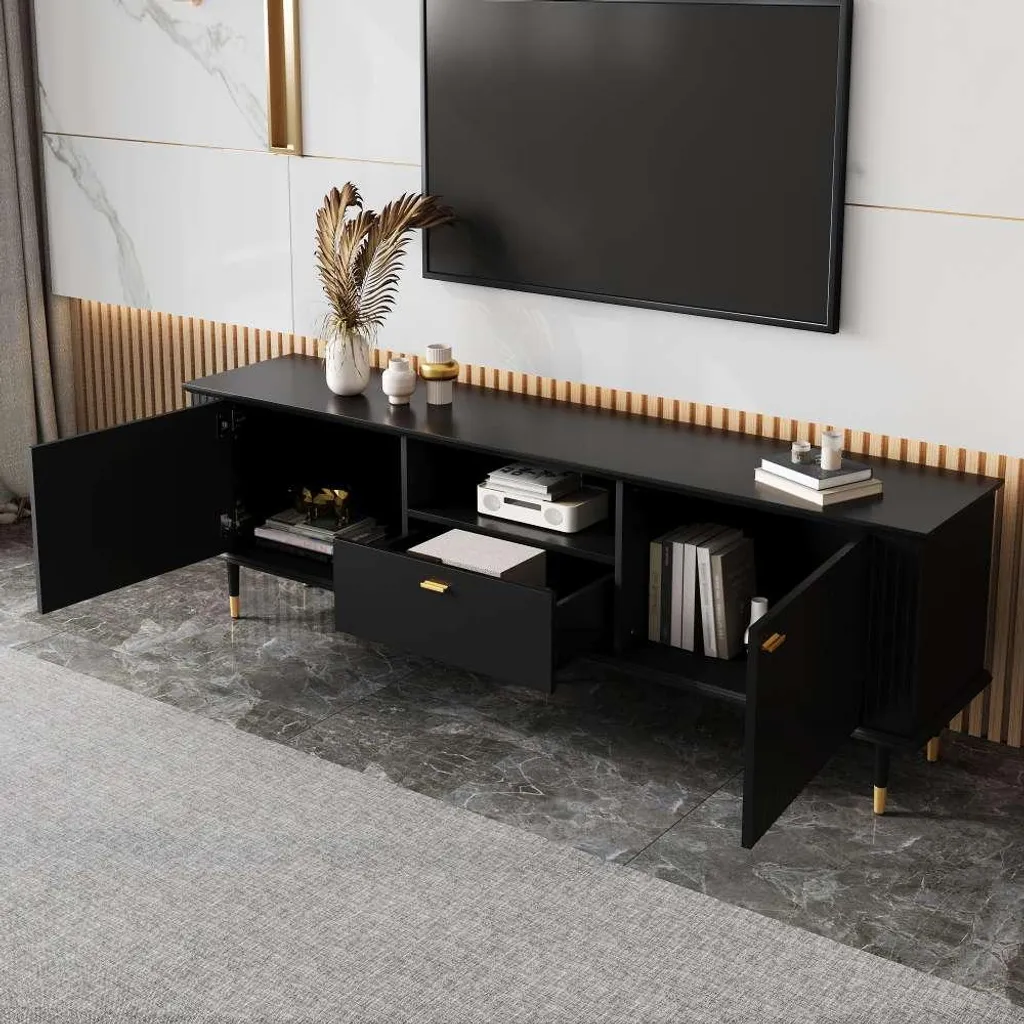 Meuble TV Noir Laqué 170x36cm avec Tiroirs Silencieux et Design Relief - 3