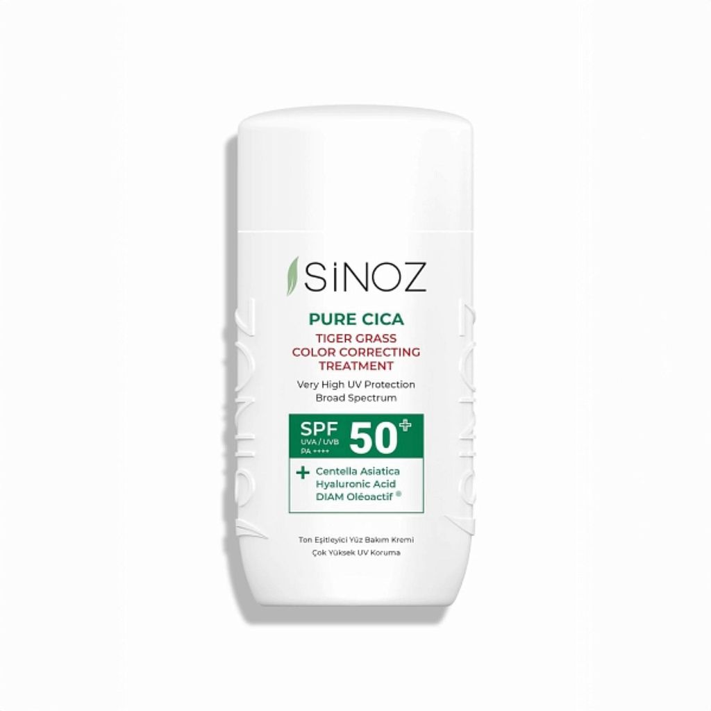 Sinoz Pure Cica Color Correcting Sonnenfluid SPF50+, 50 ml – tonanpassend (grün), mit Centella Asiatica & Hyaluronsäure