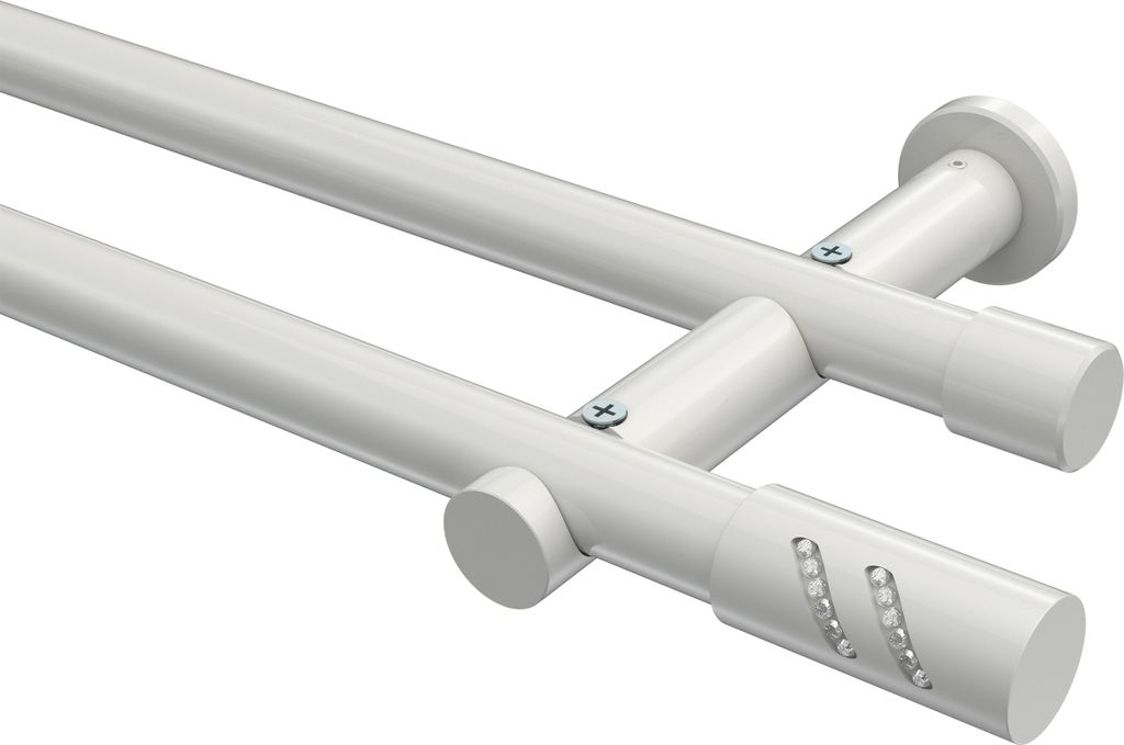 Interdeco Gardinenstange / Vorhangstange Weiß, Typ Platon Zoena (Glitzerzylinder) ohne Ringe, 20 mm Ø 2-läufig, 220 cm