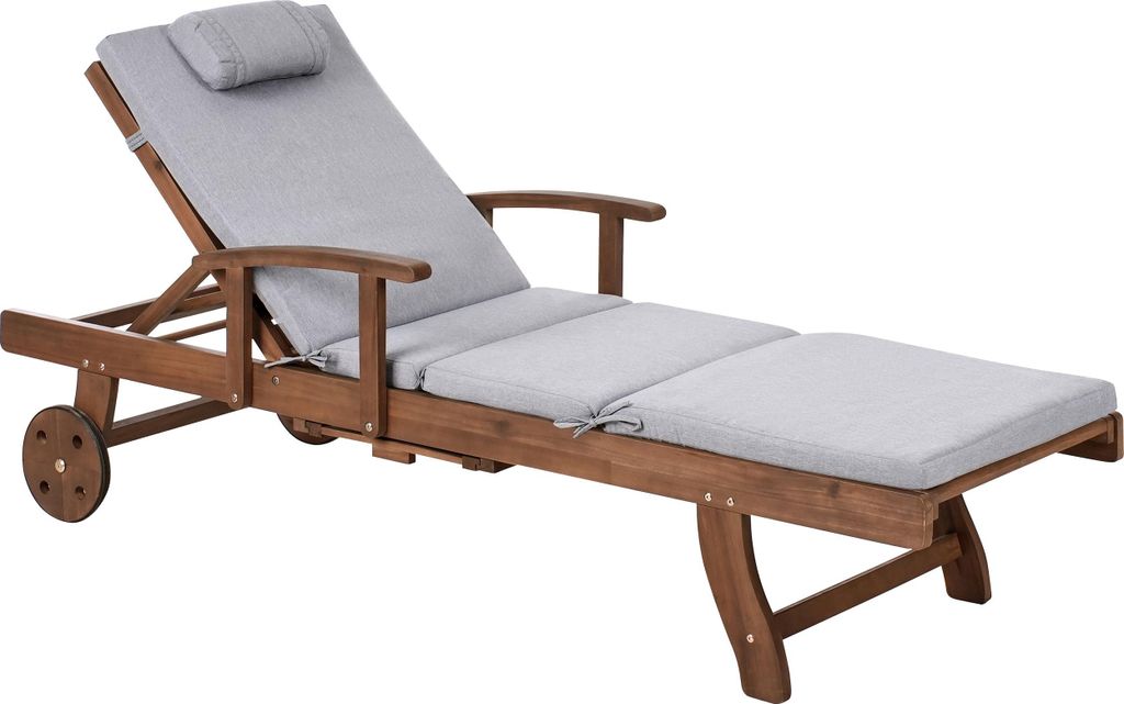 BELIANI Gartenliege Dunkelbraun u. Grau Meliert Akazienholz Verstellbar Rollbar Sonnenliege mit Tisch u. Auflage Terrasse Garten Balkon Modernes De...