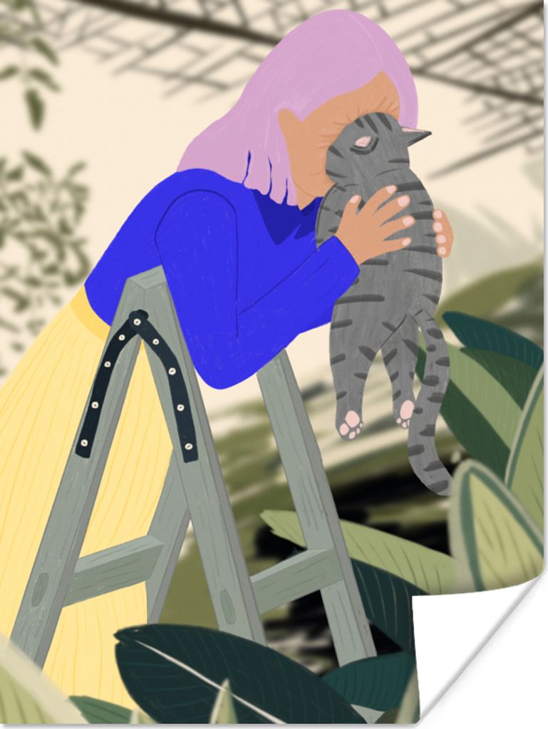 MuchoWow Poster Frau - Katze - Minimalismus 60x80 cm - Schlafzimmer Dekoration