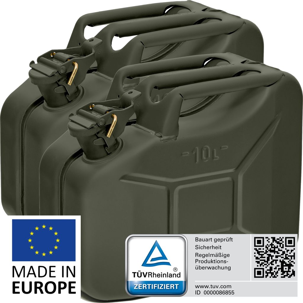 BW Kraftstoffkanister Metall Benzinkanister 2x 10 Liter - Bronzegrün RAL 6031-F9 - UN-Zulassung - Hergestellt in Europa