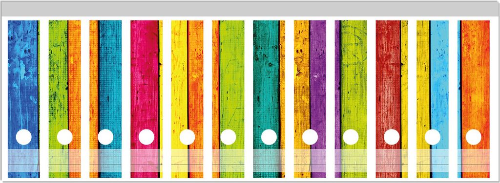 Wallario Ordnerrücken Sticker, selbstklebend für breite Ordner, 12 Stück, Motiv Buntes Holz - bunte Streifen mit Farbe und Holzstruktur