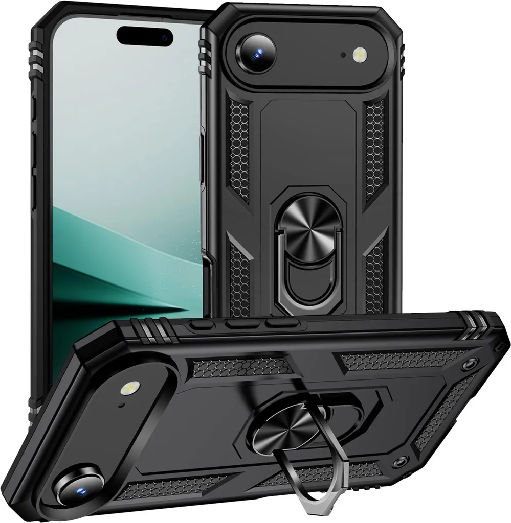 Custodia per iPhone Air a doppio strato robusta, protezione militare con supporto ad anello e supporto nero