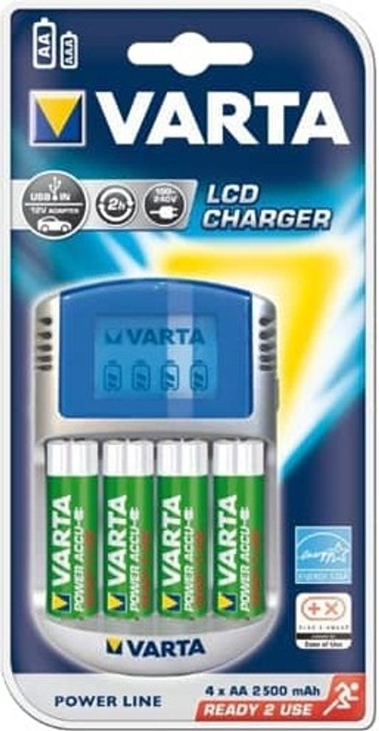 A retail package for a Varta LCD battery charger with four AA rechargeable batteries.