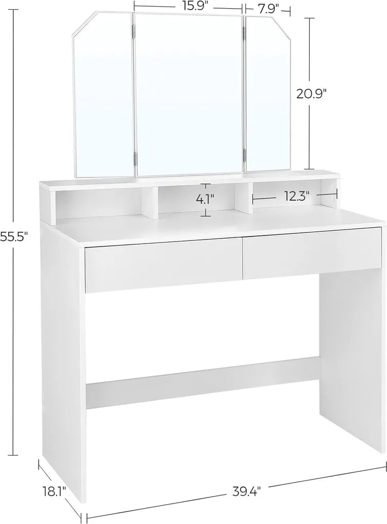 VASAGLE Coiffeuse avec Miroir Rabattable et 2 Tiroirs Blanche RDT121W - 3