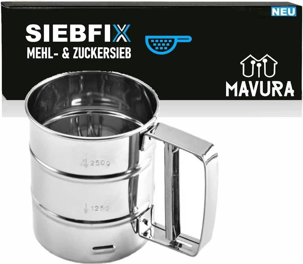 SIEBFIX Mehlsieb Edelstahl Einhandsieb Sieb Küchensieb Puderzuckersieb Siebbecher Einhand Bedienung