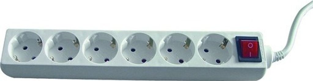A white power strip with six sockets and a red on/off switch, isolated on a white background.