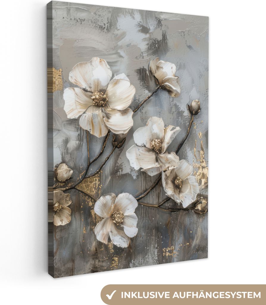 MuchoWow - Leinwandbilder - Blumen - Weiß - Grau - Gold - Luxus, Wandbild, Wanddeko Bilder Wohnzimmer, 20x30 cm
