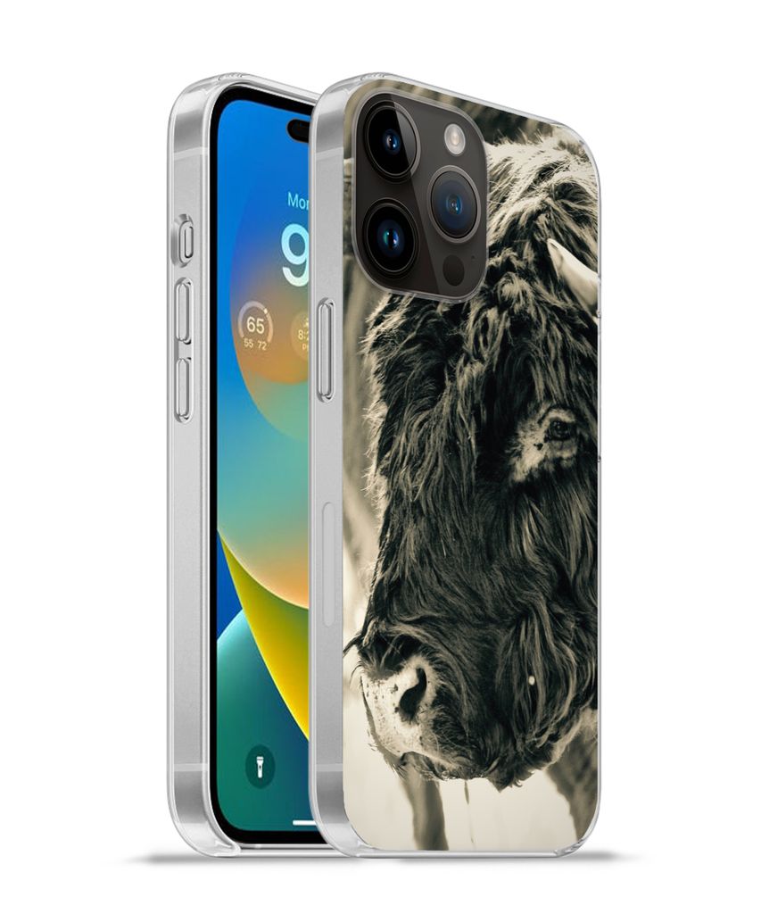 MuchoWow Handyhülle Schutzhülle Hülle für Apple iPhone 14 Pro Max Schottischer Highlander - Schnee - Hörner Silikon Softcase Handy Hülle - ...