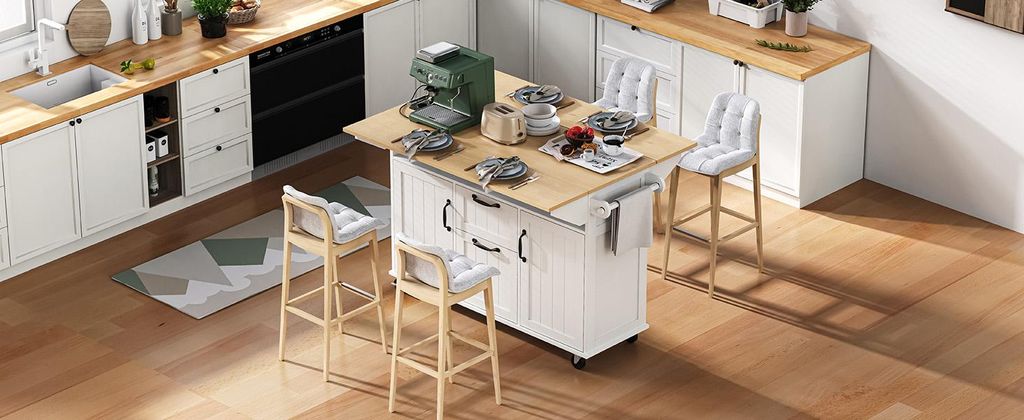 STILVORA Kücheninsel mit Rollen küchenwagen mit Schubladen und Handtuchhalter Ausziehbarer Esstisch Servierwagen mit Steckdosenleisten Ideal für...