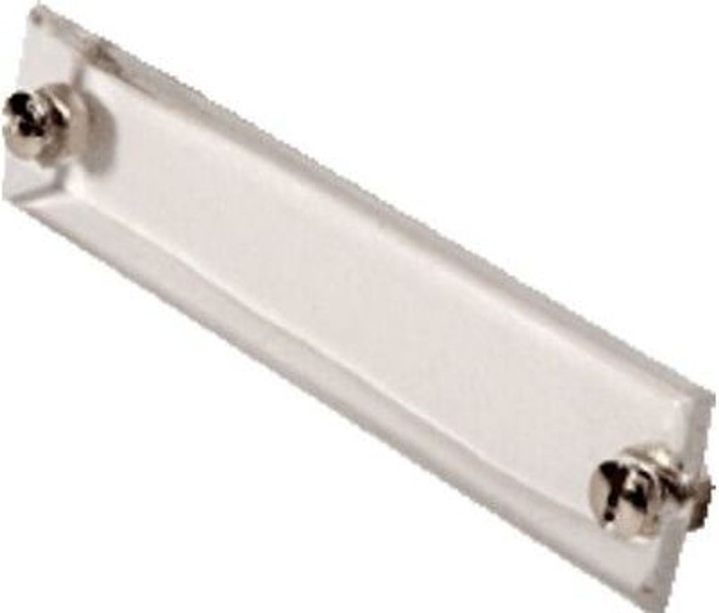 A clear product shot of a nameplate with two screws, against a white background.