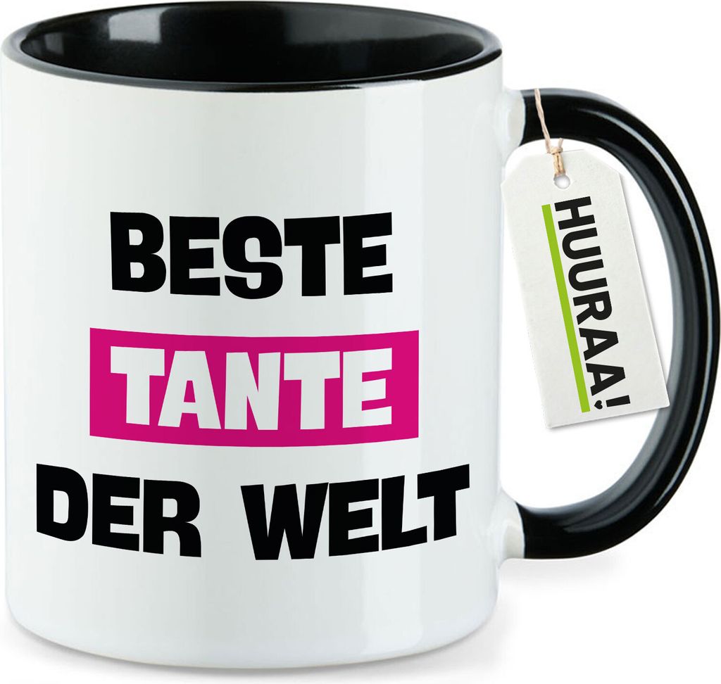 Huuraa Kaffeetasse Beste Tante der Welt 330ml Schwarz Keramik Kaffeebecher Geschenkidee