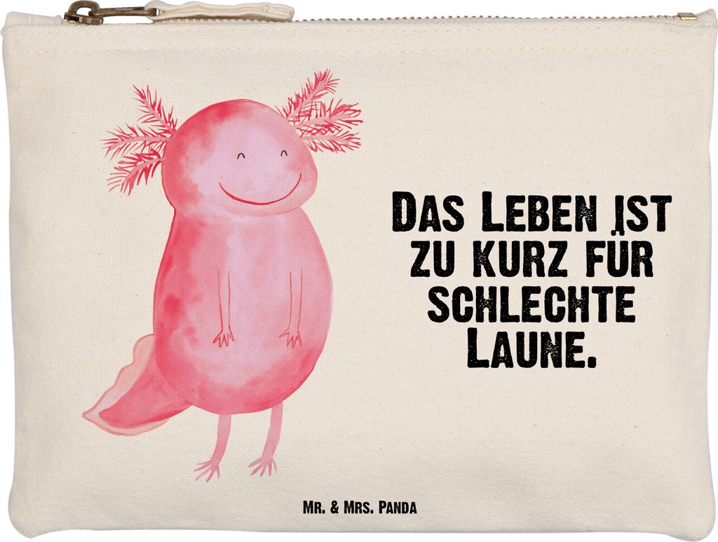 Mr. & Mrs. Panda Kulturbeutel Axolotl Glücklich Größe M - Weiß - Geschenk, Motivationsspruch, kosmetiktäschchen, Kosmetiktasche, Lurch, Mäppc...