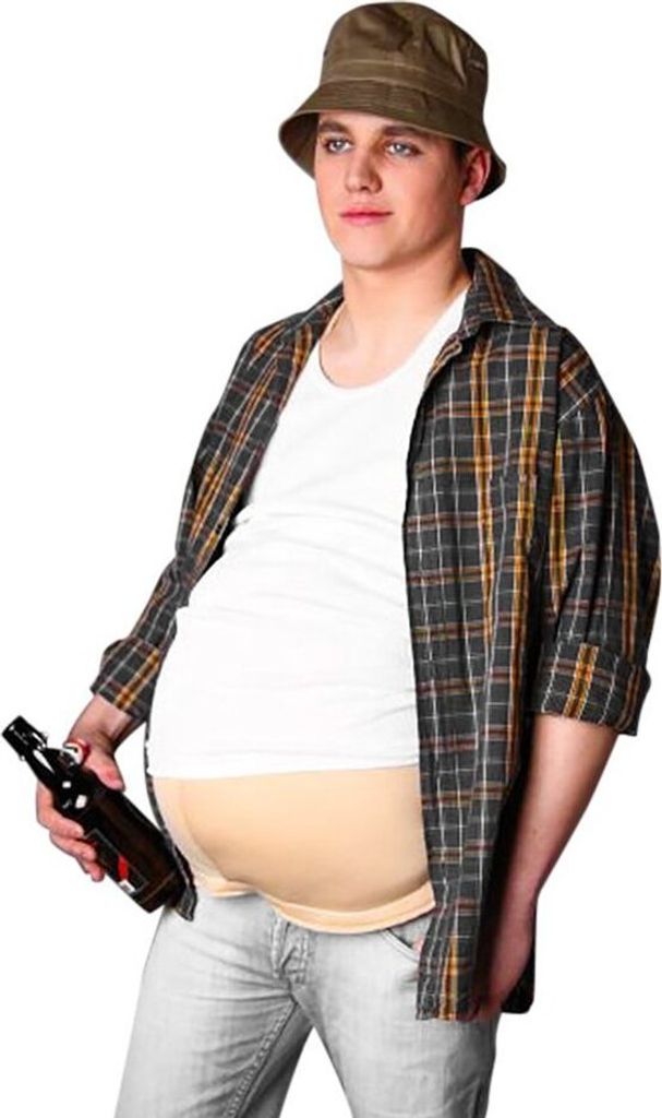 A man wearing a costume to simulate a large belly, holding a bottle of beer.