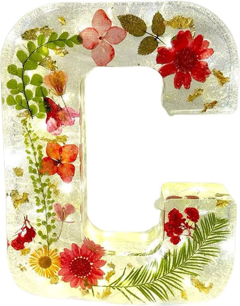 Florales Nachtlicht aus Kunstharz, handgefertigt, gepresste Blumen in Kunstharzbuchstaben, Lampe, Tischdekoration, leuchtende Blumenbuchstaben, Ges...