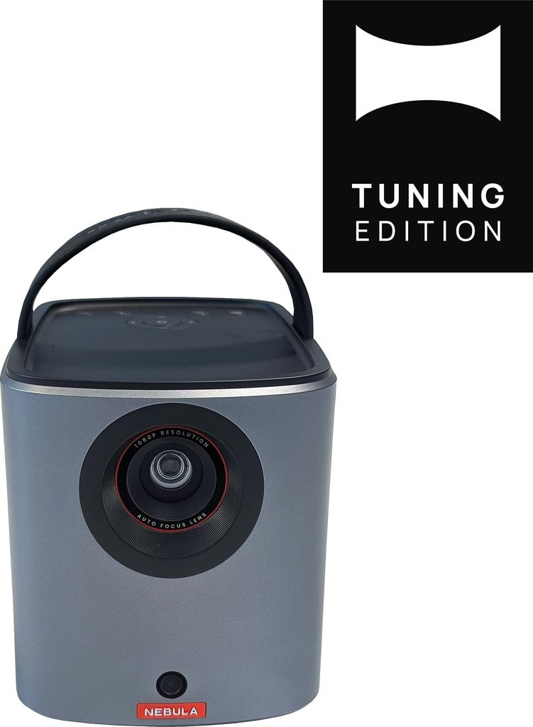 A portable projector is shown against a white background, with a marketing graphic in the top right corner.