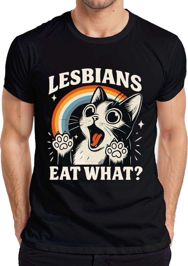 Lesben essen was Katze Regenbogen Retro lustig queer süß frech Herren T-Shirt, Schwarz, L