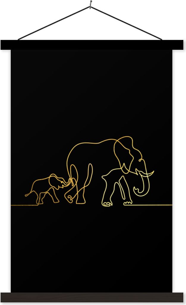 MuchoWow Textilposter Elefant - Einfach - Gold - Schwarz 40x60 cm mit schwarzem Rahmen - Wanddekorationen