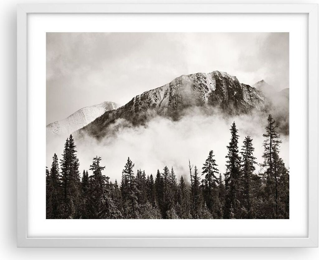 Gerahmtes Poster - Weißer Rahmen - Nebel Berg Wald - 50x40 cm - Wand Bild - Wanddeko - Wandbilder - Kunstposter - Wandposter - Bilderrahmen - Bild...