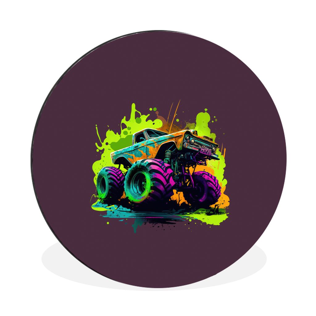 MuchoWow Aluminium Wandkreis Monstertruck - Grün - Neon - Auto - Design Ø 90 cm Wanddeko Modern Wohnzimmer - Mauerkreis - Wandbilder - Runde Bi...