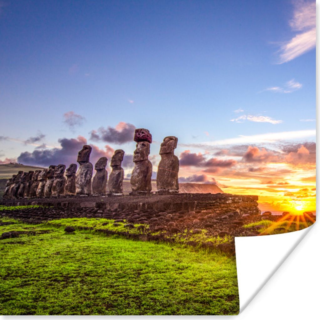 MuchoWow Poster Sonnenaufgang hinter den Moai-Statuen auf der Osterinsel 100x100 cm - Babyzimmer