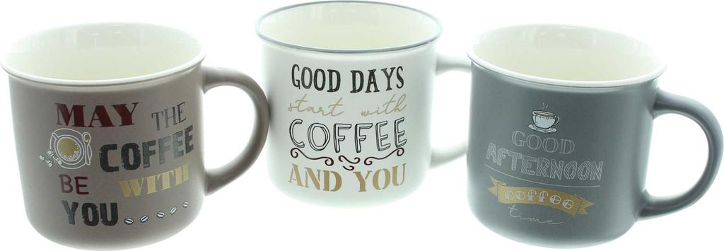 3x Tasse Coffee Porzellan Spruch – große Kaffee Becher 350ml
