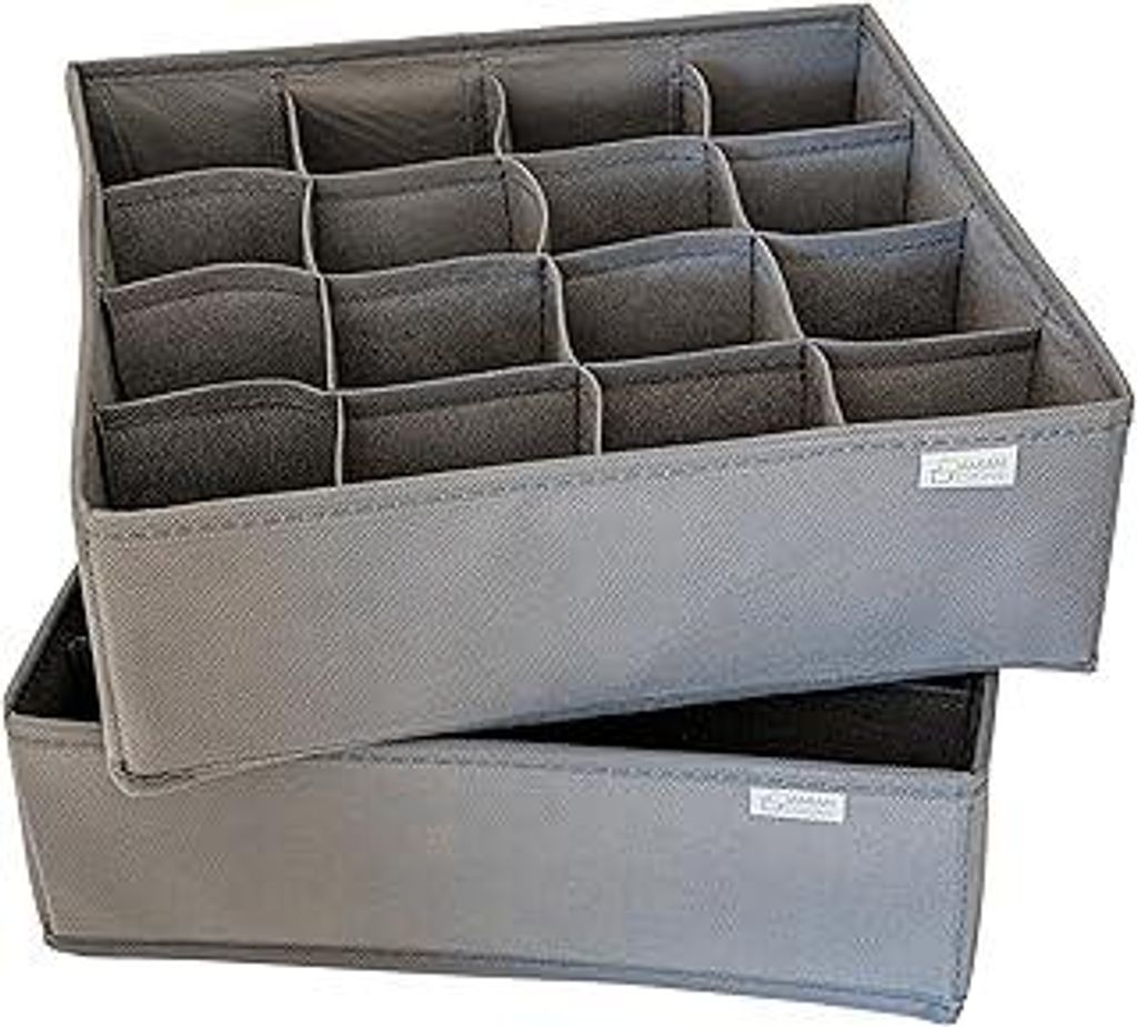 DAMIAN DESIGNS Aufbewahrungsbox, 16 Fächer, faltbar, Schubladeneinteilung, T-Shirts, Socken, Unterwäsche, 2er-Pack (grau)