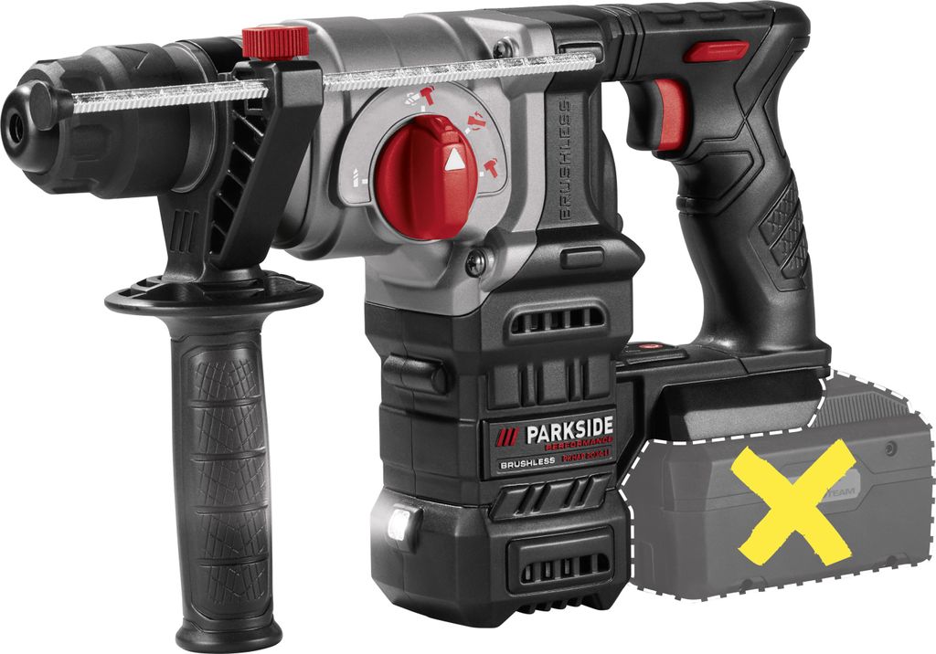 A cordless rotary hammer drill is shown against a white background. A dashed outline highlights a battery pack with a yellow 'X' on it, indicating it is not included.