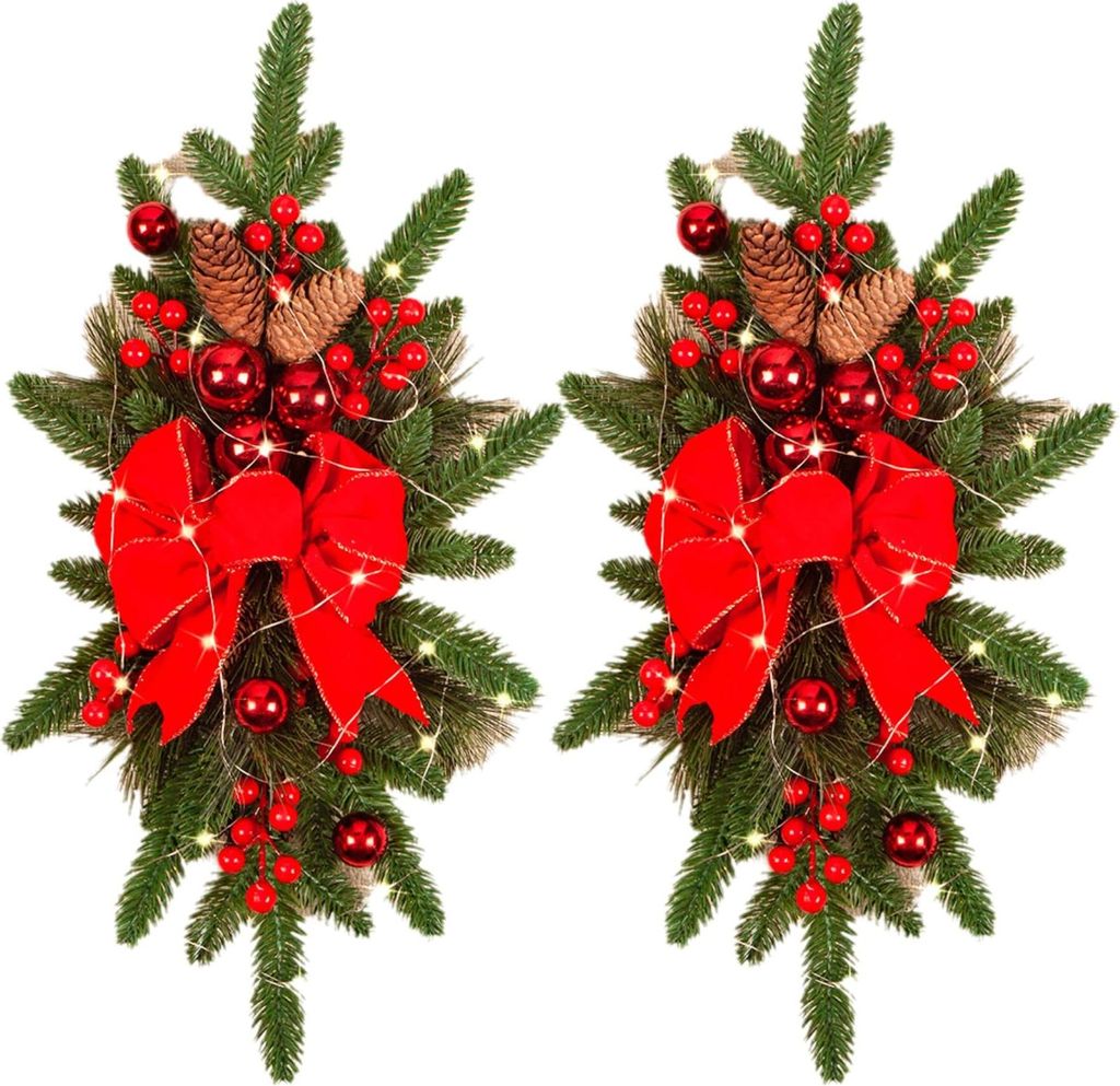 2er-Pack künstliche Weihnachtsgirlande, beleuchtet, tropfenförmiger Zierkranz, Girlande für Haustür, Wand, Fenster