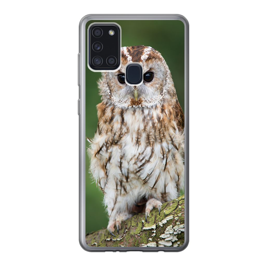 MuchoWow Handyhülle Schutzhülle Hülle für Samsung Galaxy A21s Braune Eule sitzt auf einem Baum Silikon Softcase Handy Hülle - Hartschale