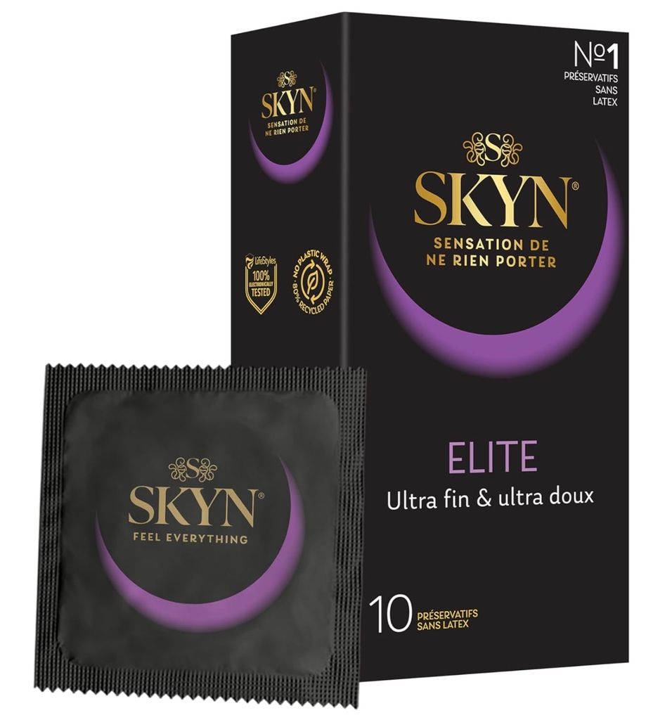 A box of SKYN Elite condoms and one individual condom wrapper.